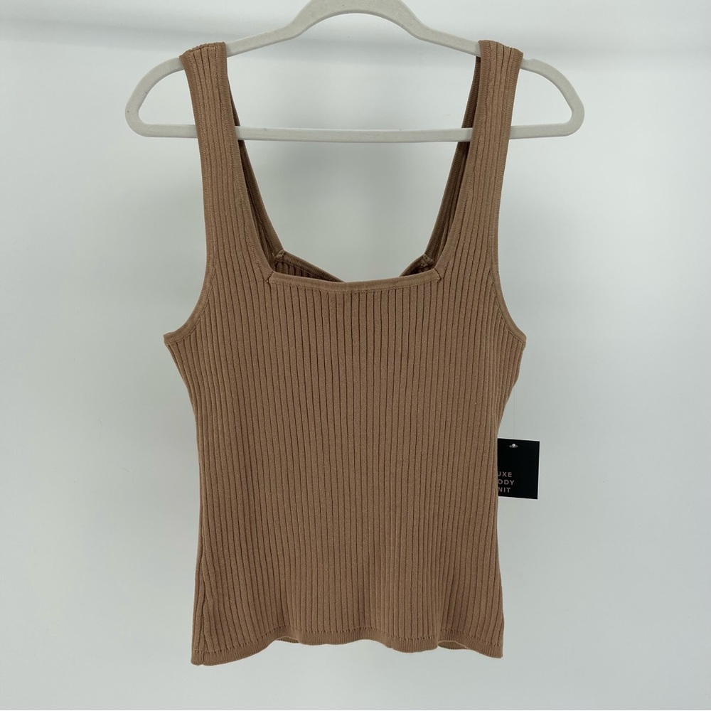 NWT Avec Les Filles Luxe Body Knit Sleeveless Square Neck Top in Tan, Size XXL